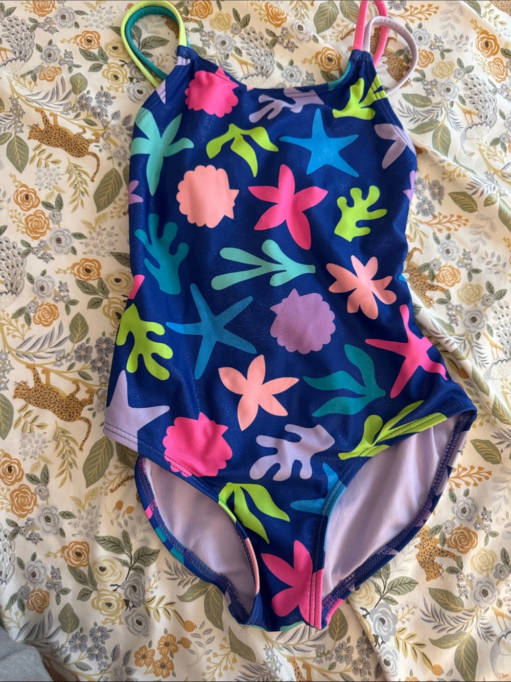 Cat & Jack Navy One-Piece Swimsuit with Bright Multicolor Sea Shapes